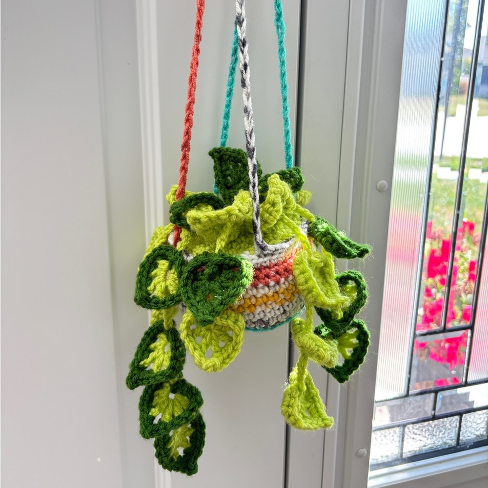 Crochet Hanging Artificial Plant Green Multicolor Monstera Boho Home Decor - Picture 8 of 11